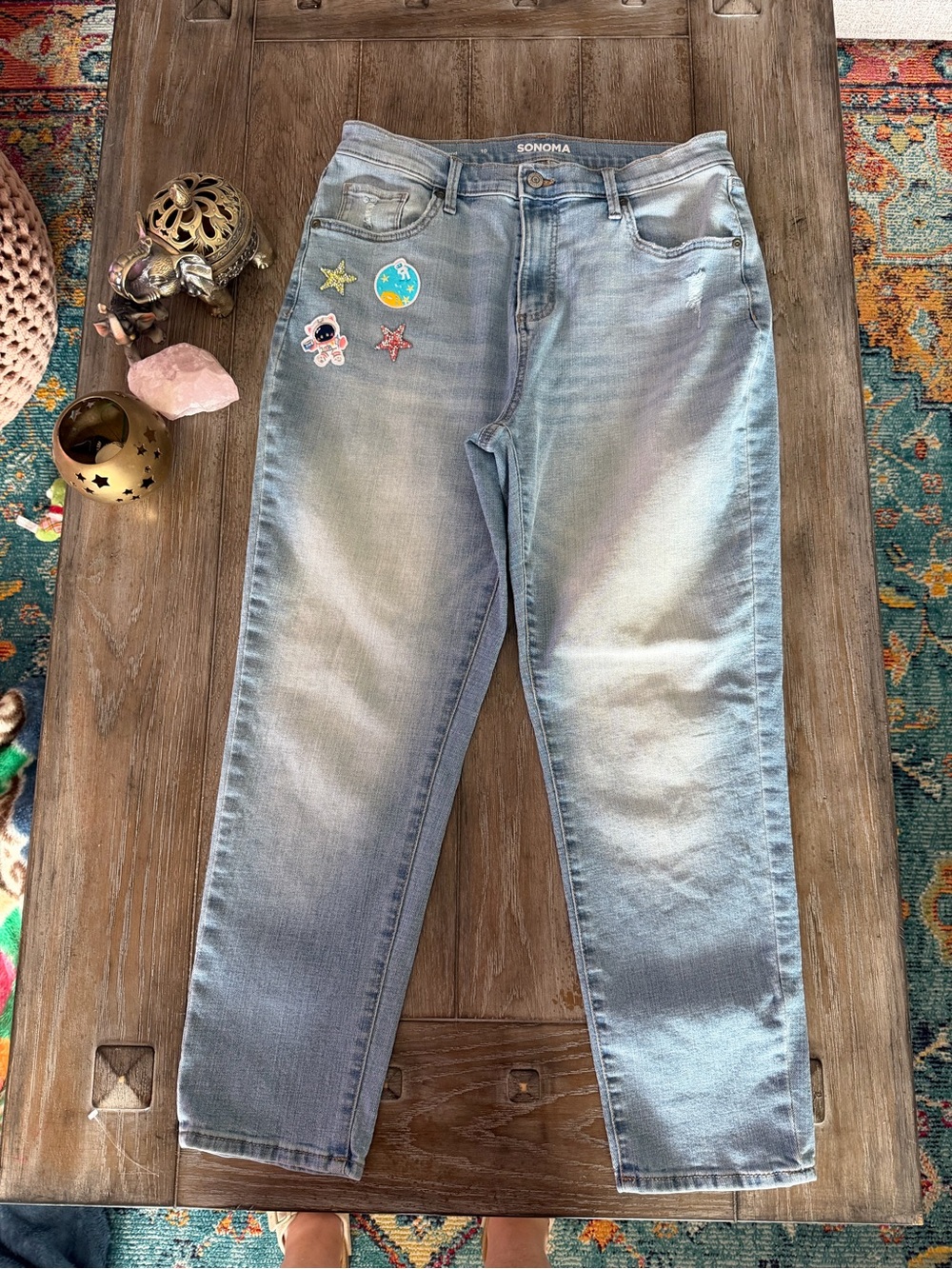 SONOMA Light Blue Women’s Boyfriend Jeans with Playful Patches - Picture 1 of 10